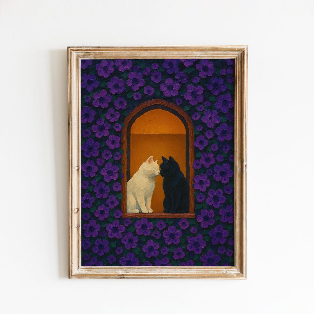 Two Cats Window Illustration Romantic Wall Art Cozy Home Decor - Etsy