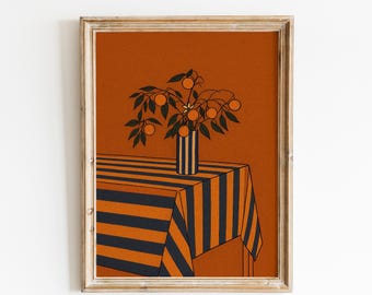 Striped Table Citrus Art – Modern Orange Still Life Poster