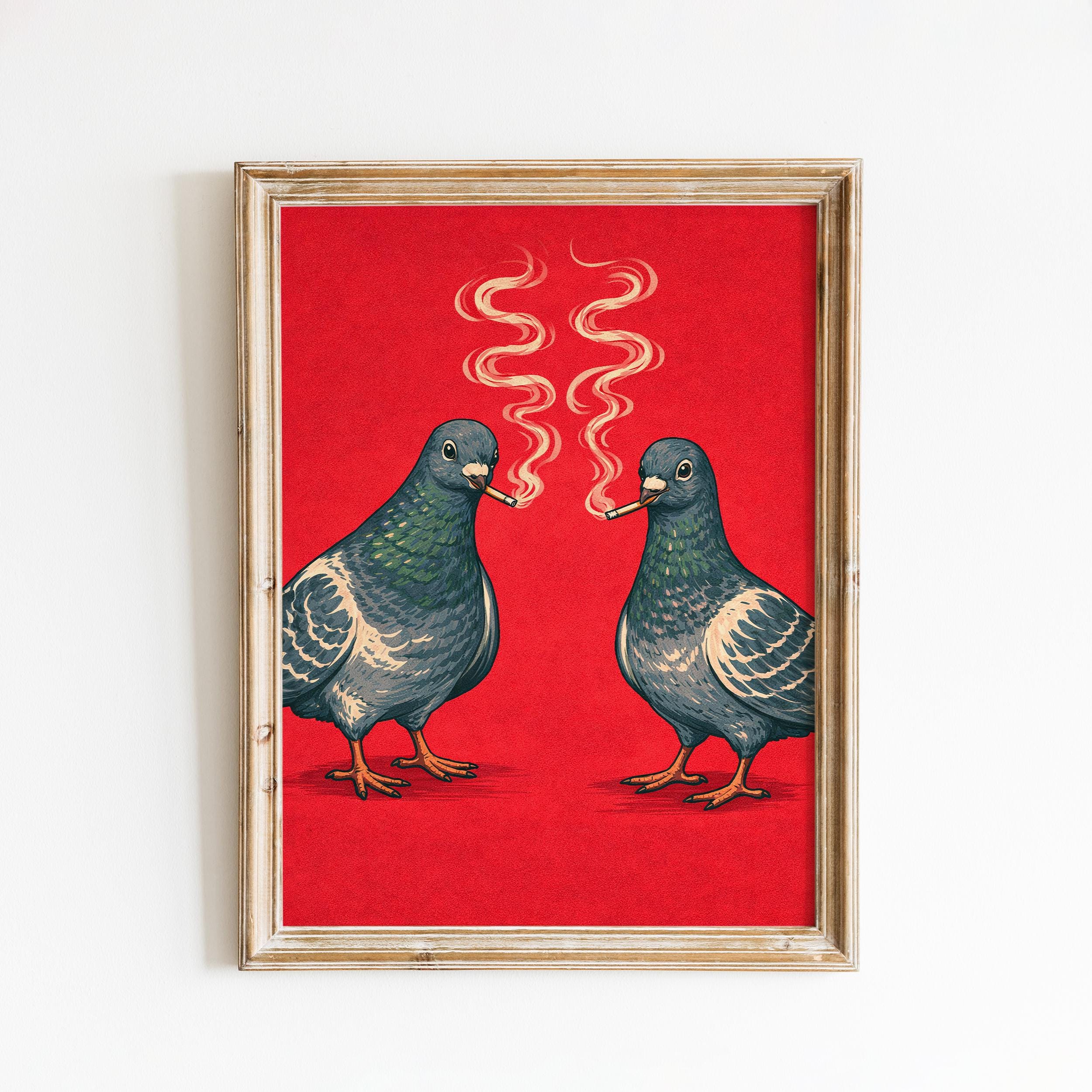絵画 Smoking pigeon Fat Smoking Pigeon. Quirky Hand Painted Art. British Bird Lovers