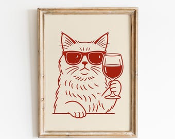 Cool Cat Wine Line Art Wall Print