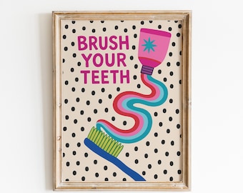 Brush Your Teeth Poster – Fun Retro Bathroom Wall Art