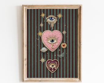 Celestial Sacred Heart Wall Decor – Mystic Eye Striped Artwork
