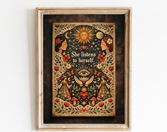 She Listens to Herself Poster – Celestial Feminine Folk Art