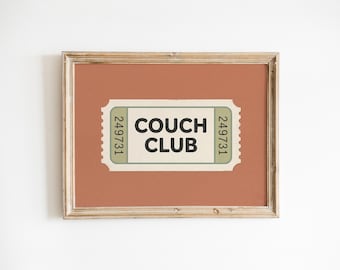 Couch Club Poster, Funny Living Room Wall Art, Vintage Ticket Relax Print