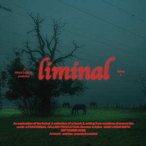 May include: A dark, teal-toned landscape featuring a bare tree, power lines, and horses in a field. The red text reads: liminal, A PHANTASMAL production, Volume 2, An exploration of the liminal. A collection of artwork & writing, SEPTEMBER 2026.