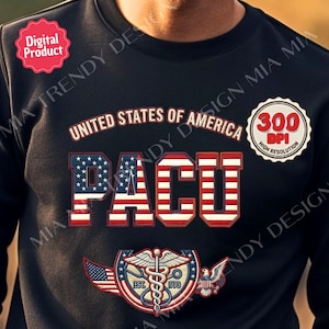 Puede incluir: Sudadera negra con un diseño patriótico. El diseño incluye el texto "UNITED STATES OF AMERICA" y "PACU" en rojo, blanco y azul. También presenta un emblema médico y el texto "EST 1776".