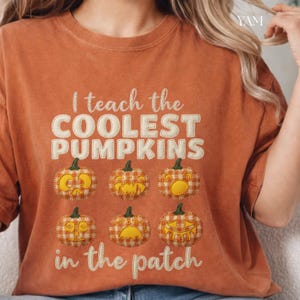 May include: A rust-colored short-sleeve t-shirt featuring the text I teach the COOLEST PUMPKINS in the patch in white and cream lettering. Below the text are six illustrated pumpkins with various facial expressions and a gingham pattern.