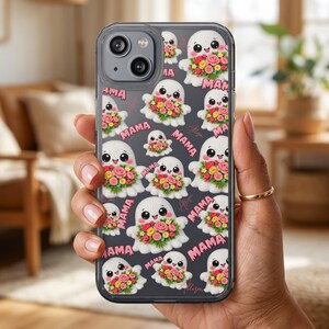 May include: Clear phone case featuring a repeating pattern of white ghost illustrations, each holding a bouquet of pink, yellow, and orange flowers. The word "MAMA" is written in pink script throughout the design.