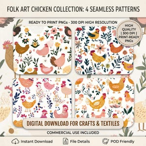 Puede incluir: Cuatro patrones sin costuras con ilustraciones de gallinas de arte popular. Los diseños incluyen gallinas, flores y follaje sobre un fondo blanco. El texto dice "Folk Art Chicken Collection: 4 Seamless Patterns" y "Digital Download for Crafts & Textiles."