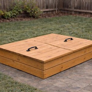 May include: A rectangular wooden sandbox with a natural finish. The sandbox has a four-part lid with black handles. The sandbox is sitting on a stone patio, with grass and a wooden fence in the background.