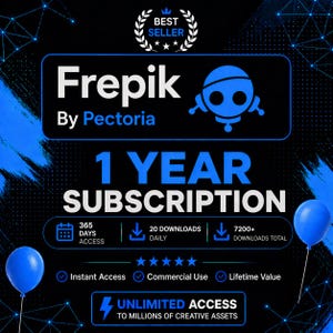 Puede incluir: Un gráfico digital para una suscripción de 1 año a Frepik by Pectoria con un icono de robot azul, texto que indica 365 días de acceso, 20 descargas diarias, 7200+ descargas totales y acceso ilimitado a millones de activos creativos con globos.
