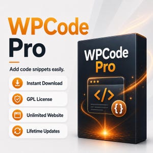 May include: A black software box for WPCode Pro featuring orange and white text. The box displays a code snippet icon and glowing light effects. Beside the box, a list includes the text: Add code snippets easily, Instant Download, GPL License, Unlimited Website, and Lifetime Updates.