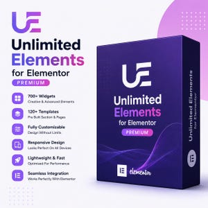 May include: A product box for "Unlimited Elements for Elementor" is displayed. The box is dark blue with the product name in white and purple. The box also lists features like 700+ widgets, 120+ templates, and responsive design. The Elementor logo is at the bottom.
