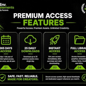 May include: A black and green graphic with the text "PREMIUM ACCESS FEATURES." The graphic highlights features like 365 days access, 25 daily downloads, instant access, and full library access. The graphic also includes the text "SAFE. FAST. RELIABLE. MADE FOR CREATORS."