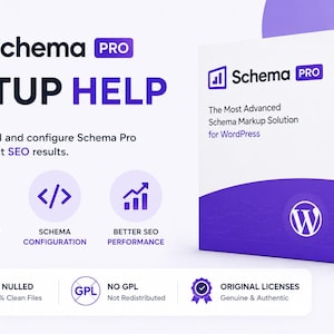 May include: A white and purple box with the text "Schema PRO" and "SETUP HELP". The box also has the text "The Most Advanced Schema Markup Solution for WordPress". Icons for installation, configuration, and SEO performance are also present.