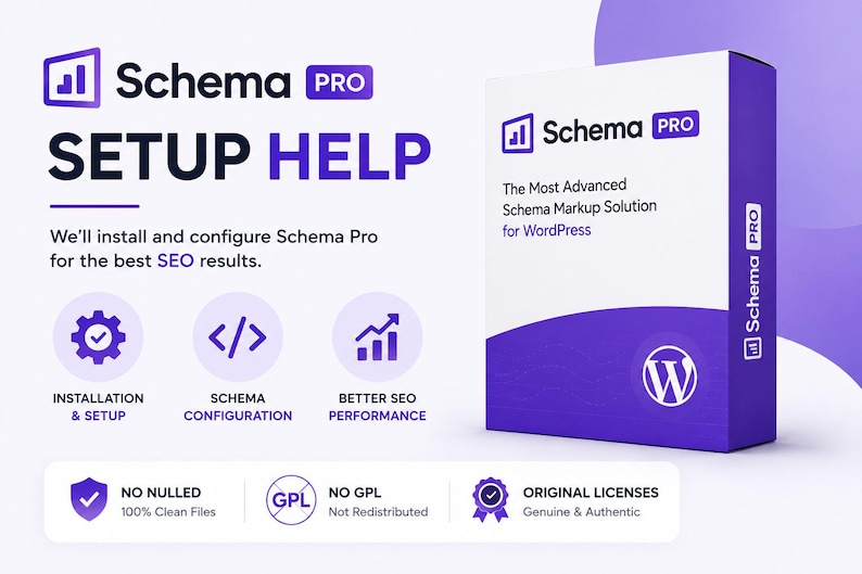 May include: A white and purple box with the text "Schema PRO" and "SETUP HELP". The box also has the text "The Most Advanced Schema Markup Solution for WordPress". Icons for installation, configuration, and SEO performance are also present.