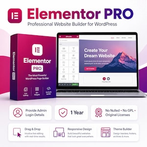 May include: A promotional image for Elementor PRO, a professional website builder for WordPress. The image features a laptop displaying a website design, a product box, and icons highlighting features like drag & drop editing, responsive design, and a theme builder.