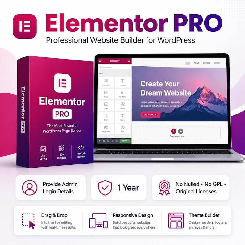 May include: A promotional image for Elementor PRO, a professional website builder for WordPress. The image features a laptop displaying a website design, a product box, and icons highlighting features like drag & drop editing, responsive design, and a theme builder.