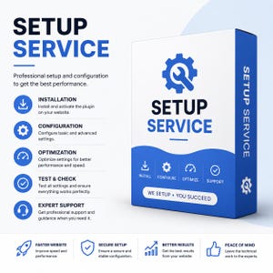 May include: A blue and white box with the words "SETUP SERVICE" in large letters. The box also includes icons and text describing installation, configuration, optimization, and support services. The phrase "WE SETUP. YOU SUCCEED" is also visible.