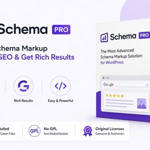 May include: An advertisement for Schema PRO, a WordPress plugin. The image features a white and purple box with the Schema PRO logo and text. The text includes "Add Schema Markup, Boost SEO & Get Rich Results."