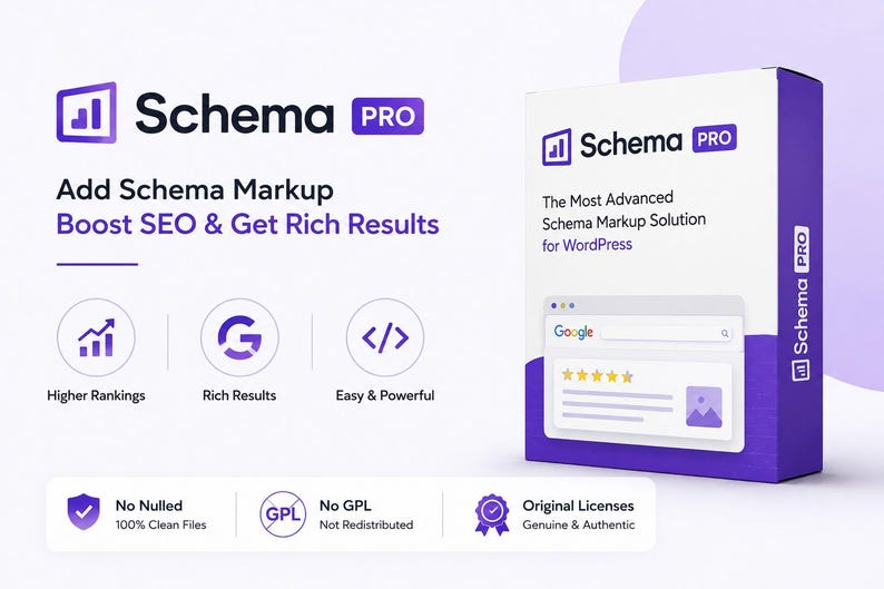 May include: An advertisement for Schema PRO, a WordPress plugin. The image features a white and purple box with the Schema PRO logo and text. The text includes "Add Schema Markup, Boost SEO & Get Rich Results."