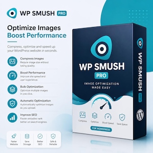 Może przedstawiać: Pudełko produktu dla WP Smush Pro, wtyczki do optymalizacji obrazów dla WordPress. Pudełko jest granatowe z białymi i turkusowymi akcentami, z logo wtyczki i kluczowymi funkcjami, takimi jak kompresja obrazów i ulepszanie SEO.