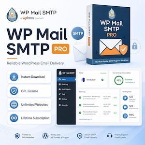 Könnte beinhalten: Werbebild für WP Mail SMTP PRO, ein WordPress-Plugin. Das Design zeigt ein blau-orangenes Farbschema mit dem Logo des Plugins und einem Box-Mockup. Wichtige Funktionen wie Sofort-Download, GPL-Lizenz und lebenslanges Abonnement werden hervorgehoben.
