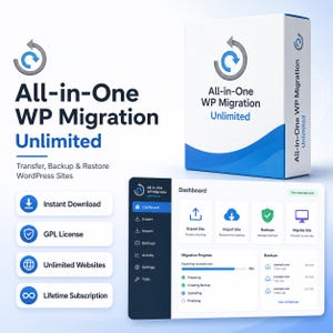May include: A white box with the text "All-in-One WP Migration Unlimited" and a blue and gray logo. The image also shows a dashboard interface with options for exporting, importing, and backing up WordPress sites. Additional text includes "Instant Download" and "GPL License."