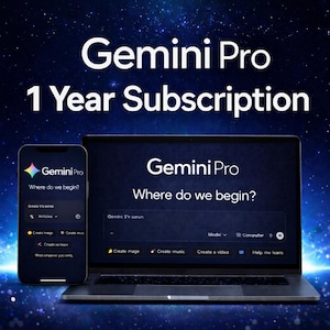 Op de afbeelding: Een promotieafbeelding voor Gemini Pro, met een laptop en smartphone die de Gemini Pro-interface tonen. De tekst "Gemini Pro 1 Year Subscription" staat prominent op een sterrenachtergrond. De interface vraagt "Where do we begin?"