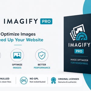 May include: A promotional image for Imagify Pro, a WordPress image optimizer. The design features a dark blue box with the Imagify Pro logo and text, along with icons and text promoting faster website speeds and image optimization.