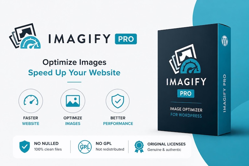 May include: A promotional image for Imagify Pro, a WordPress image optimizer. The design features a dark blue box with the Imagify Pro logo and text, along with icons and text promoting faster website speeds and image optimization.