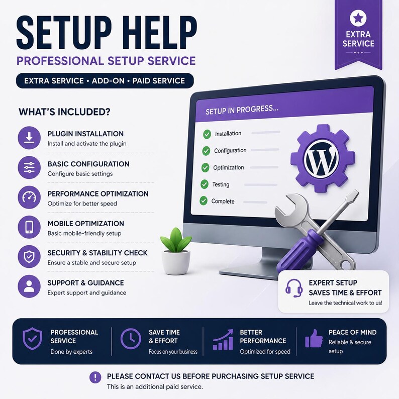 May include: Promotional image for a professional setup service. The image shows a computer monitor with a setup progress screen, a wrench, and a purple gear icon. Text includes "Setup Help" and details on included services.