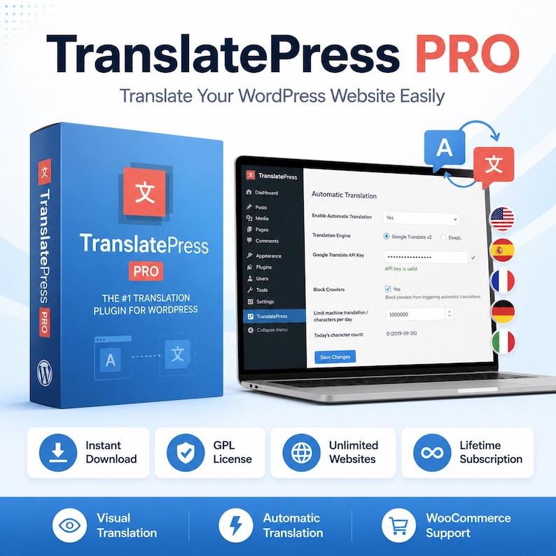 May include: A blue box and a laptop display the TranslatePress PRO plugin for WordPress. The box has the text "TranslatePress PRO" and "THE #1 TRANSLATION PLUGIN FOR WORDPRESS". The laptop shows the plugin's interface with translation options.