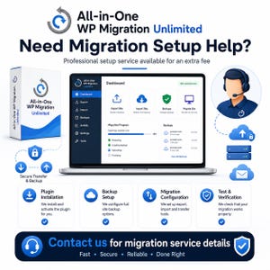 May include: An advertisement for All-in-One WP Migration Unlimited. The image features a laptop displaying a dashboard, a box, and icons representing plugin installation, backup setup, migration configuration, and test verification. Text includes "Need Migration Setup Help?"