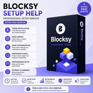 May include: An advertisement for Blocksy WordPress theme setup help. The image features a black box with the Blocksy logo and the words "WordPress Theme." The text highlights services like theme installation, demo import, and basic customization. The ad emphasizes extra paid services.