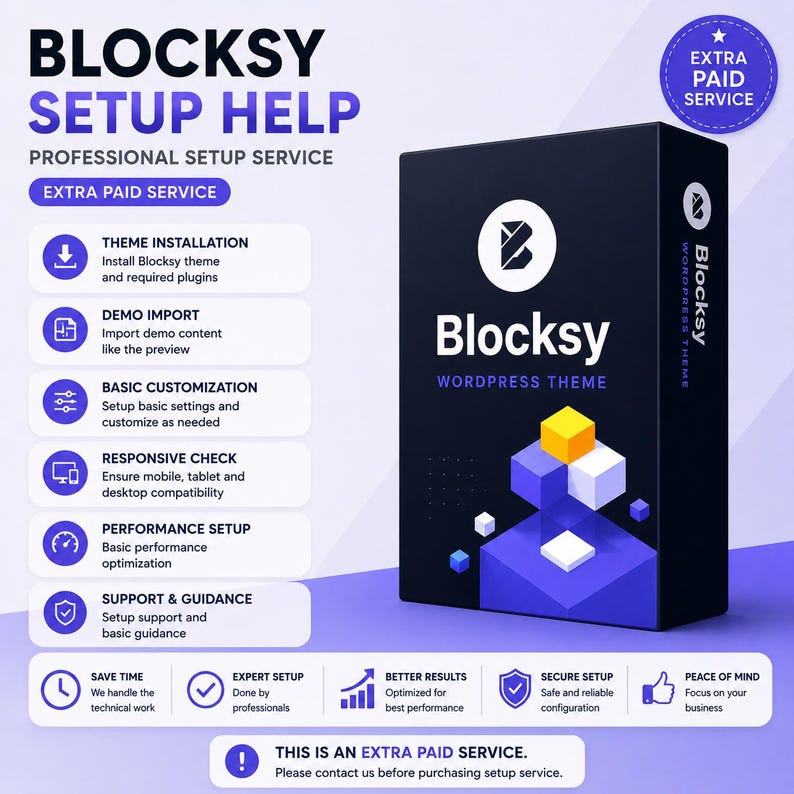 May include: An advertisement for Blocksy WordPress theme setup help. The image features a black box with the Blocksy logo and the words "WordPress Theme." The text highlights services like theme installation, demo import, and basic customization. The ad emphasizes extra paid services.