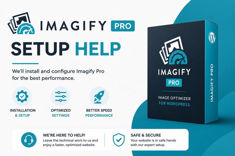 May include: Promotional image for Imagify Pro, an image optimizer for WordPress. The design features the Imagify Pro logo, setup help text, and icons representing installation, optimized settings, and better speed performance. A box displays the product.
