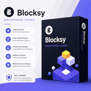 May include: A dark blue box with the text "Blocksy WORDPRESS THEME" in white. The box features a logo and icons with descriptions like "Lightning Fast" and "Fully Customizable." A 3D graphic of geometric shapes is on the box.