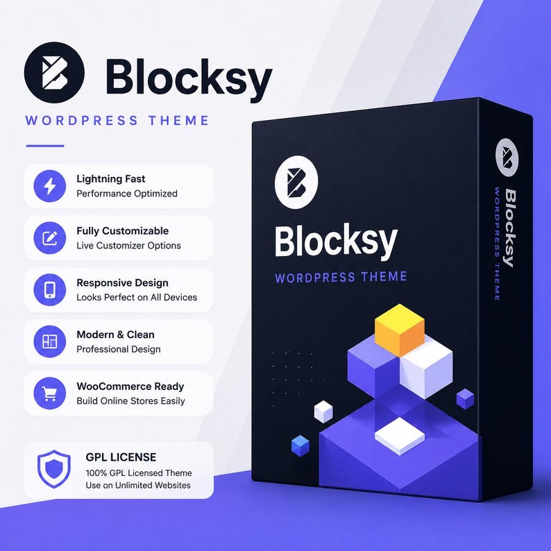 May include: A dark blue box with the text "Blocksy WORDPRESS THEME" in white. The box features a logo and icons with descriptions like "Lightning Fast" and "Fully Customizable." A 3D graphic of geometric shapes is on the box.