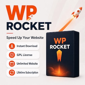May include: A promotional image for WP Rocket, featuring a black box with the WP Rocket logo in orange and white. A rocket launches from the box, leaving an orange trail. Text includes "Speed Up Your Website," "Instant Download," and "Lifetime Subscription."