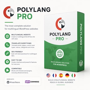 May include: A product box for Polylang Pro, a multilingual solution for WordPress. The box is white and green with the Polylang Pro logo and text. The box also includes icons and text describing the features of the software.