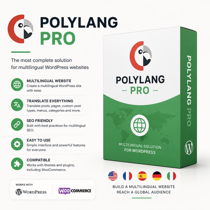 May include: A product box for Polylang Pro, a multilingual solution for WordPress. The box is white and green with the Polylang Pro logo and text. The box also includes icons and text describing the features of the software.