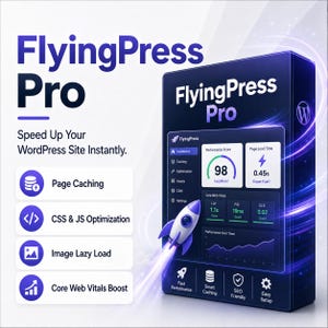 Może przedstawiać: Ciemnoniebieskie pudełko z oprogramowaniem FlyingPress Pro z interfejsem pulpitu nawigacyjnego, wynikiem wydajności 98, czasem ładowania 0,45s i grafiką rakiety. Tekst zawiera Page Caching, CSS & JS Optimization, Image Lazy Load oraz Core Web Vitals Boost.