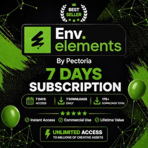 Puede incluir: Un anuncio digital con un fondo negro y elementos verdes. El texto promociona "Env. elements" y una "SUSCRIPCIÓN DE 7 DÍAS". Otros textos incluyen "Acceso instantáneo", "Uso comercial" y "Valor de por vida".