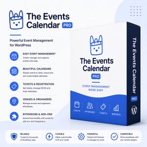 May include: A white and blue box for "The Events Calendar PRO" software. The box features the software's logo, a cartoon bunny, and details about event management, calendars, tickets, and more. The text reads "Event Management Made Easy."