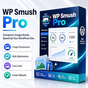 Może przedstawiać: Niebieskie pudełko produktu z oprogramowaniem WP Smush Pro, zawierające interfejs pulpitu nawigacyjnego z wynikami optymalizacji, oszczędnościami obrazów i metrykami szybkości strony. Pudełko zawiera tekst, w tym Compress Images Easily, Speed Up Your WordPress Site oraz 100% WordPress Compatible, wraz z ikonami kompresji obrazów, optymalizacji zbiorczej, leniwego ładowania i funkcjami szybszej witryny.