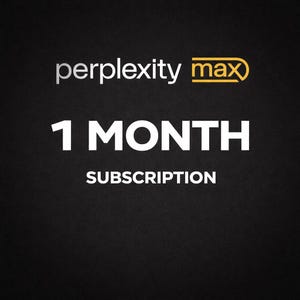 May include: Black background with the words "perplexity max" in white and yellow. Below, large white text reads "1 MONTH" and "SUBSCRIPTION" in smaller white text.