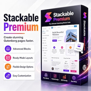 Könnte beinhalten: Eine schwarze Produktbox für Stackable Premium, die ultimative Gutenberg-Block-Suite. Die Box zeigt eine Software-Oberfläche mit Texten wie Build Beautiful Websites, Advanced Blocks und Ready-Made Layouts. Sie hat ein violettes und oranges Branding.