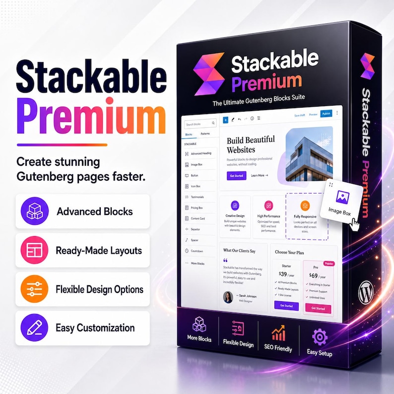 Pu&ograve; includere: Una scatola di prodotto nera per Stackable Premium, la suite definitiva di blocchi Gutenberg. La scatola mostra un'interfaccia software con testo che include Build Beautiful Websites, Advanced Blocks e Ready-Made Layouts. Branding viola e arancione.