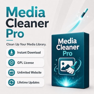 Może przedstawiać: Turkusowe pudełko z oprogramowaniem z napisem Media Cleaner Pro oraz grafiką przedstawiającą pędzel czyszczący ikonę obrazu. Tekst zawiera Media Cleaner Pro, Clean Up Your Media Library, Instant Download, GPL License, Unlimited Website.
